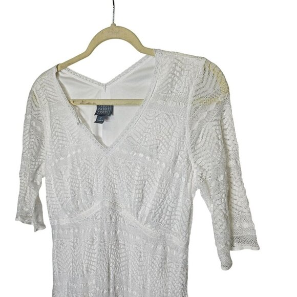 Rabbit Rabbit Designs‎ White Lace Midi Dress 12 Three-Quarter Sleeves V-Neck - Picture 3 of 10